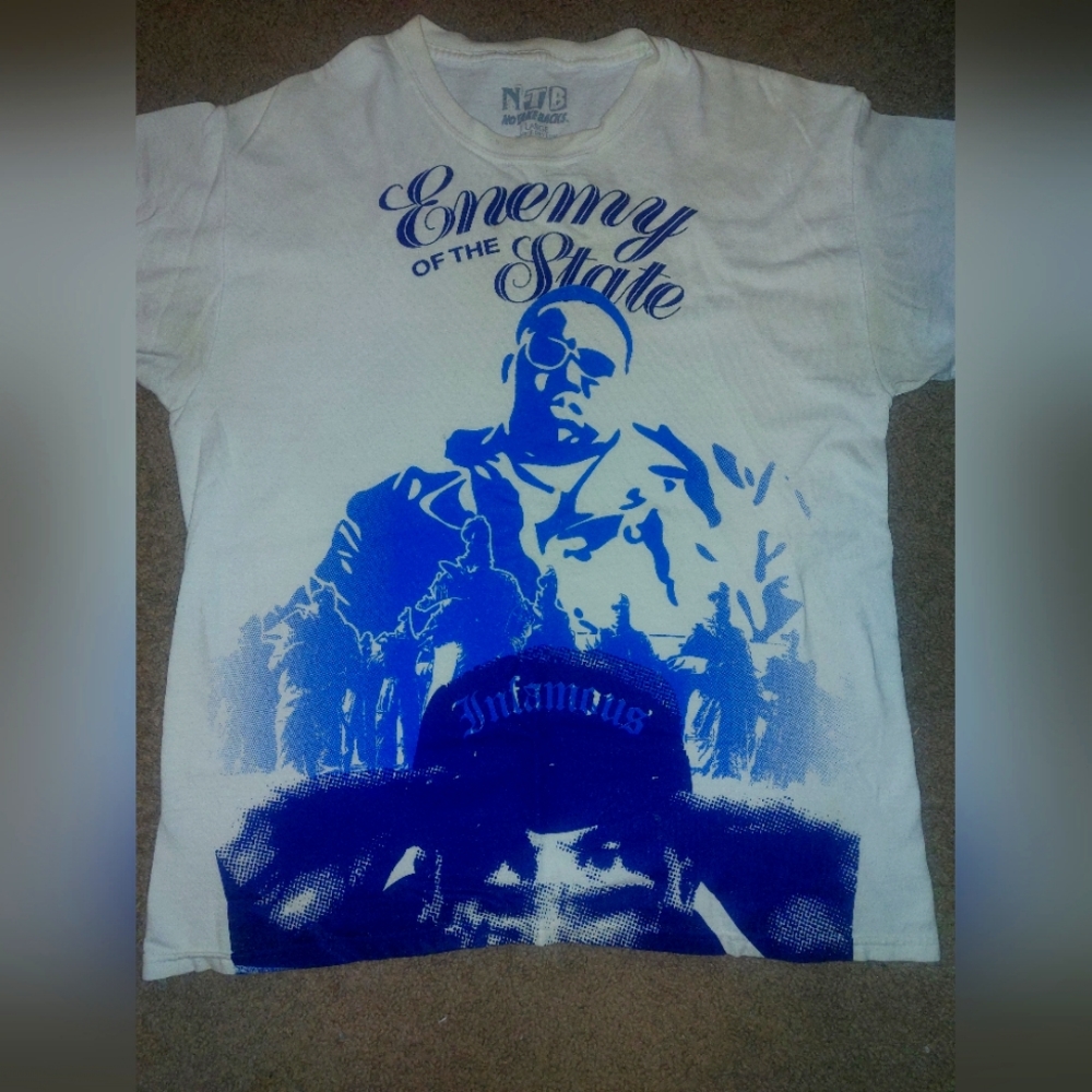 Large White and blue t-shirt. Biggie Smalls